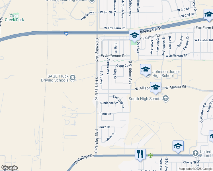 map of restaurants, bars, coffee shops, grocery stores, and more near 1307 South Arp Avenue in Cheyenne