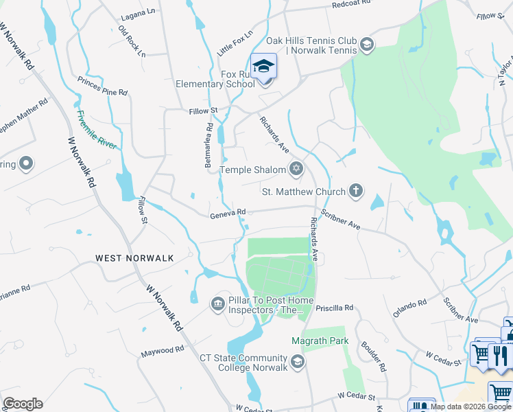map of restaurants, bars, coffee shops, grocery stores, and more near 16 Geneva Road in Norwalk