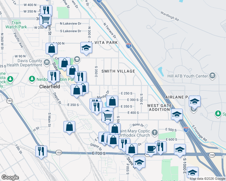 map of restaurants, bars, coffee shops, grocery stores, and more near 248 South 500 East in Clearfield