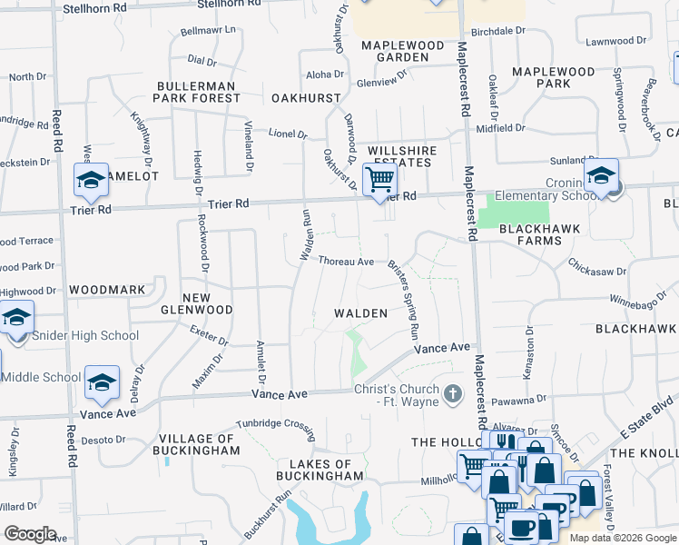 map of restaurants, bars, coffee shops, grocery stores, and more near 5904 Thoreau Avenue in Fort Wayne