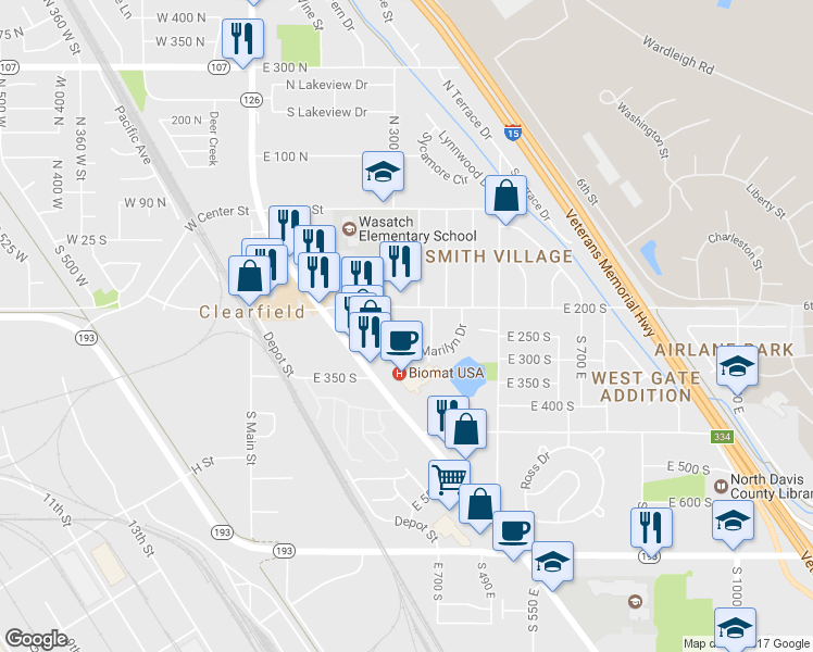 map of restaurants, bars, coffee shops, grocery stores, and more near 265 Marilyn Drive in Clearfield