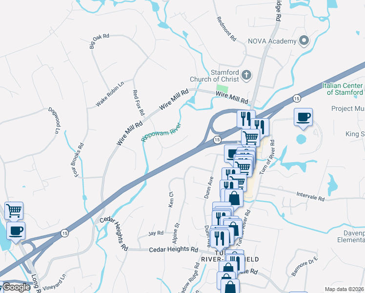map of restaurants, bars, coffee shops, grocery stores, and more near 101 Studio Road in Stamford