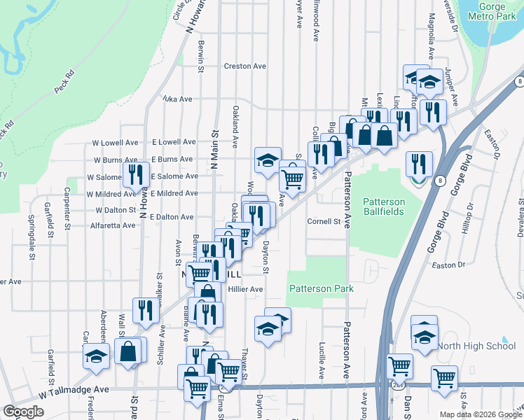 map of restaurants, bars, coffee shops, grocery stores, and more near 917 Dayton Street in Akron