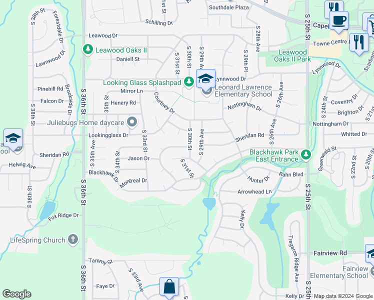 map of restaurants, bars, coffee shops, grocery stores, and more near 3001 Sheridan Road in Bellevue