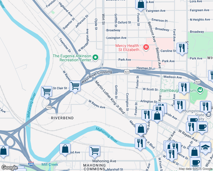 map of restaurants, bars, coffee shops, grocery stores, and more near 940 Martin Luther King Junior Boulevard in Youngstown
