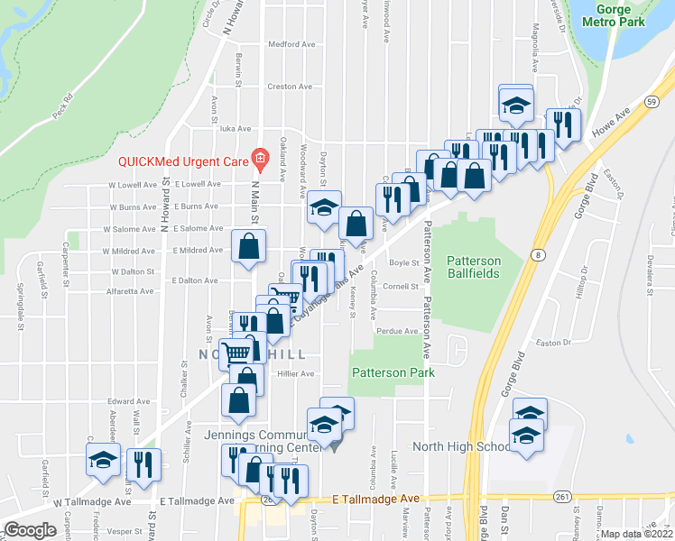 map of restaurants, bars, coffee shops, grocery stores, and more near 914 Pitkin Avenue in Akron