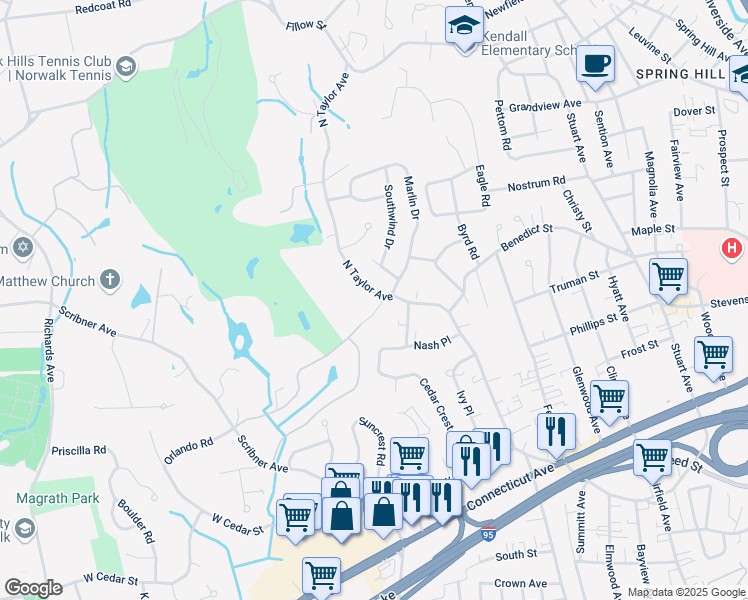map of restaurants, bars, coffee shops, grocery stores, and more near 99 North Taylor Avenue in Norwalk