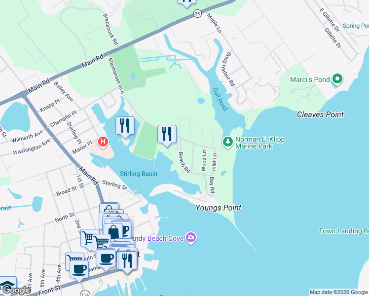 map of restaurants, bars, coffee shops, grocery stores, and more near 285 Sandy Beach Road in Greenport