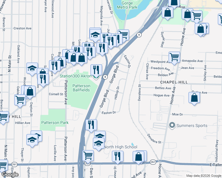 map of restaurants, bars, coffee shops, grocery stores, and more near 1234 Hilltop Drive in Akron