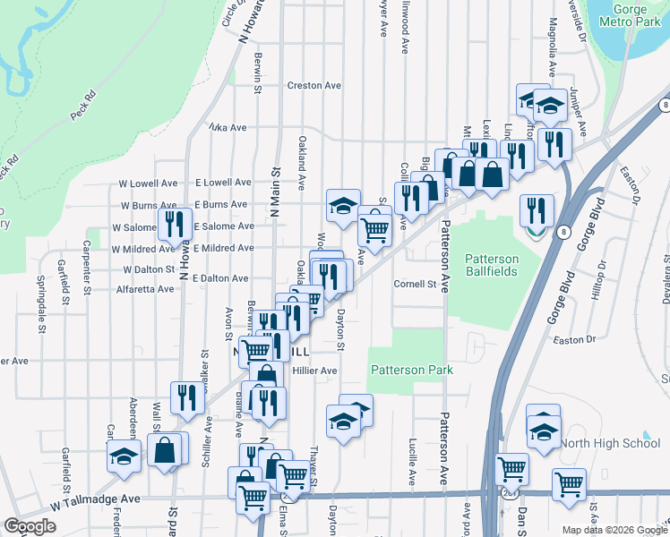 map of restaurants, bars, coffee shops, grocery stores, and more near 917 Dayton Street in Akron