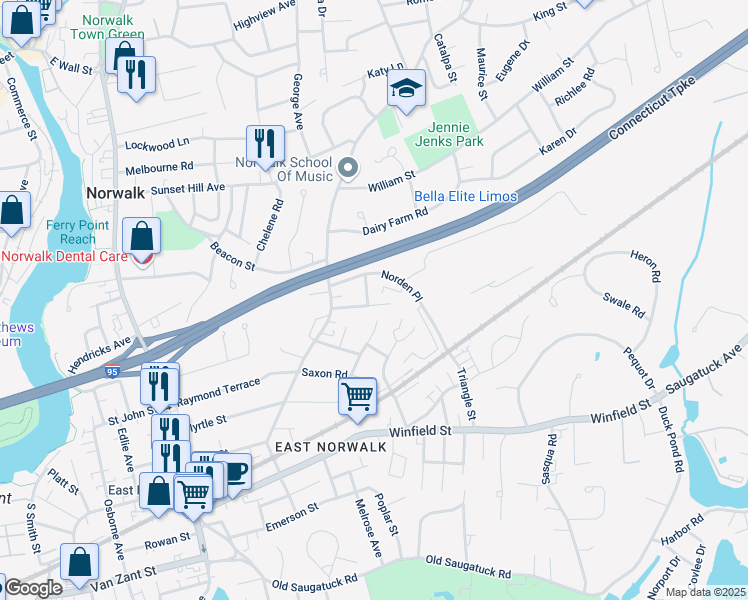 map of restaurants, bars, coffee shops, grocery stores, and more near 2 Greenfield Road in Norwalk