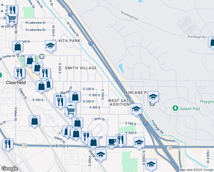 map of restaurants, bars, coffee shops, grocery stores, and more near 230 South 750 East in Clearfield