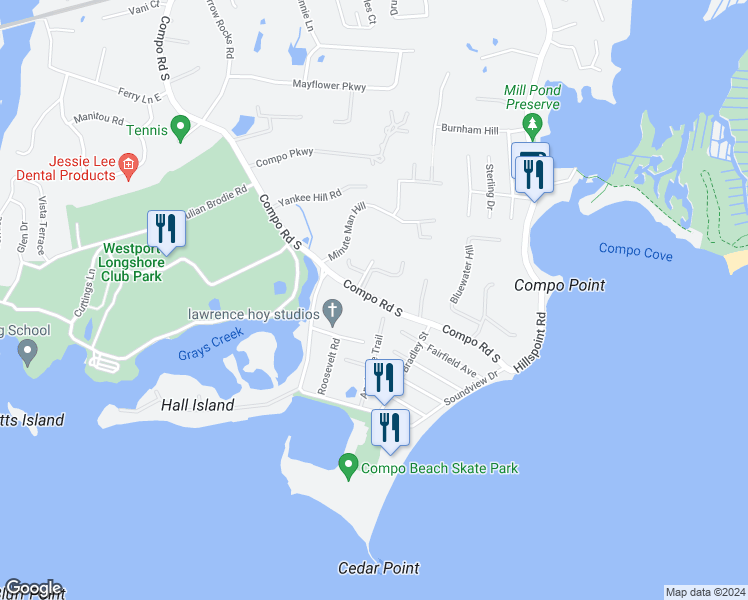 map of restaurants, bars, coffee shops, grocery stores, and more near 296 Compo Road South in Westport