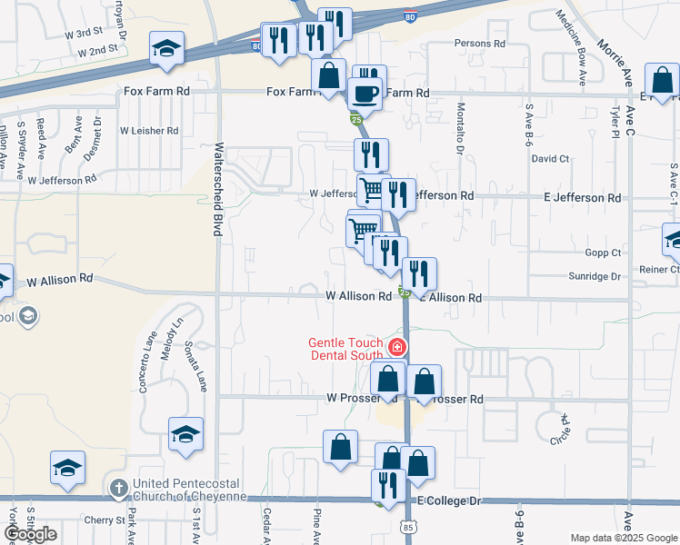 map of restaurants, bars, coffee shops, grocery stores, and more near 306 West Allison Road in Cheyenne