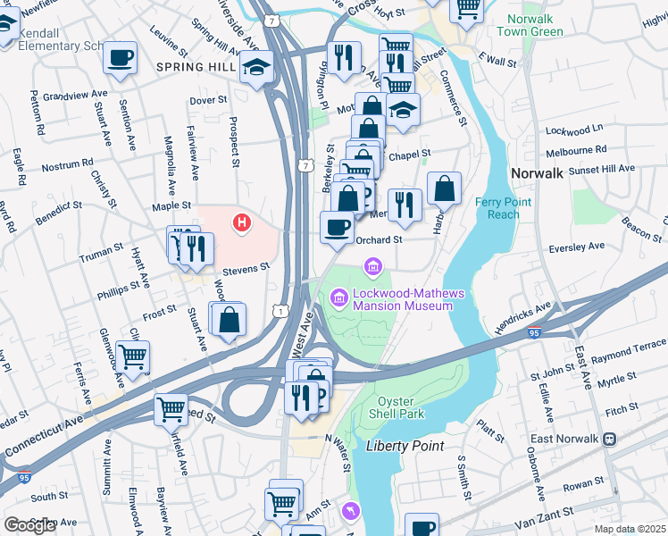 map of restaurants, bars, coffee shops, grocery stores, and more near 331 West Avenue in Norwalk