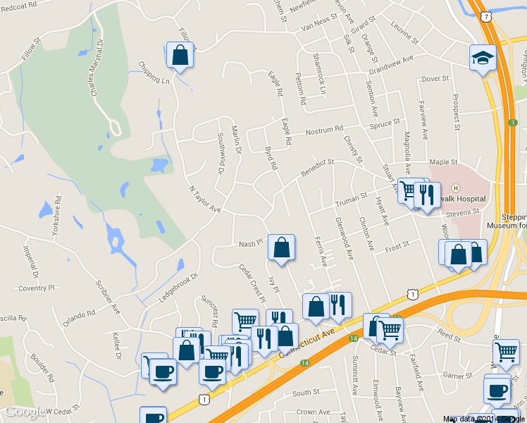 map of restaurants, bars, coffee shops, grocery stores, and more near 84 Benedict St in Norwalk