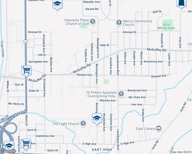 map of restaurants, bars, coffee shops, grocery stores, and more near 1621 Stewart Avenue in Youngstown
