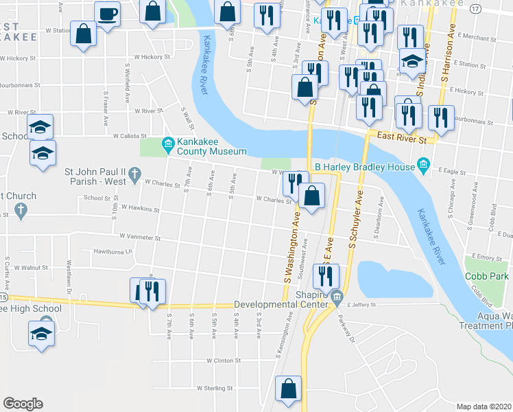 map of restaurants, bars, coffee shops, grocery stores, and more near 932 South 4th Avenue in Kankakee