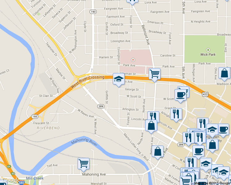 map of restaurants, bars, coffee shops, grocery stores, and more near 614 Covington Street in Youngstown