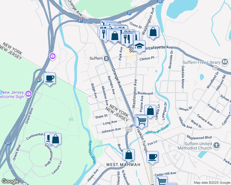 map of restaurants, bars, coffee shops, grocery stores, and more near 52 Ramapo Avenue in Suffern
