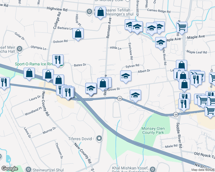 map of restaurants, bars, coffee shops, grocery stores, and more near 12 Remsen Avenue in Monsey
