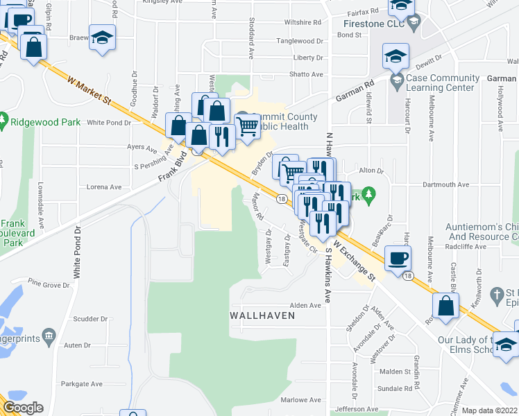 map of restaurants, bars, coffee shops, grocery stores, and more near 41 Manor Road in Akron
