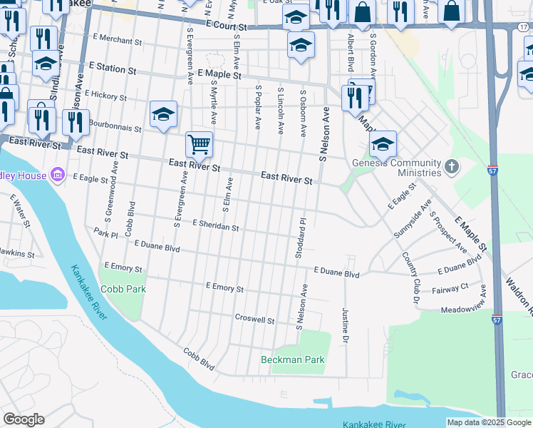map of restaurants, bars, coffee shops, grocery stores, and more near 729 South Lincoln Avenue in Kankakee
