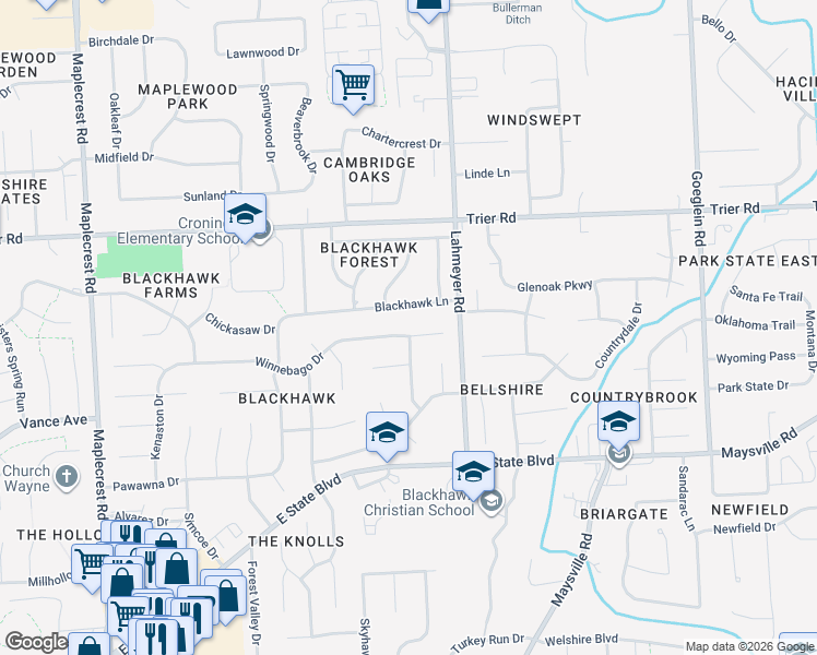 map of restaurants, bars, coffee shops, grocery stores, and more near 7233 Winnebago Dr in Fort Wayne