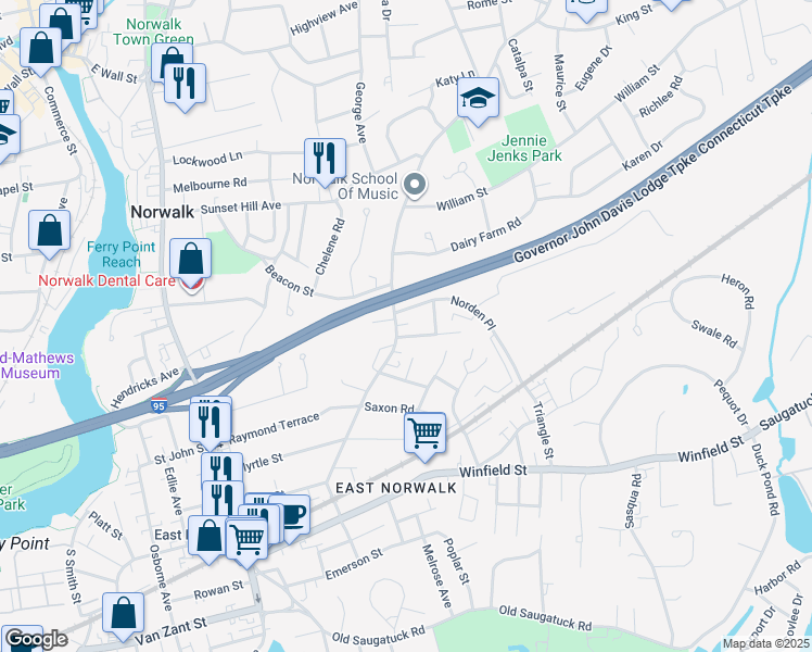 map of restaurants, bars, coffee shops, grocery stores, and more near 84 Strawberry Hill Avenue in Norwalk