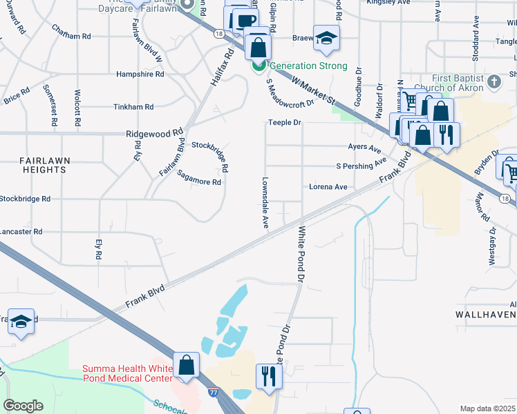 map of restaurants, bars, coffee shops, grocery stores, and more near 240 Lownsdale Avenue in Akron