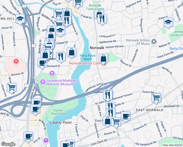map of restaurants, bars, coffee shops, grocery stores, and more near 5 Sherry St in Norwalk