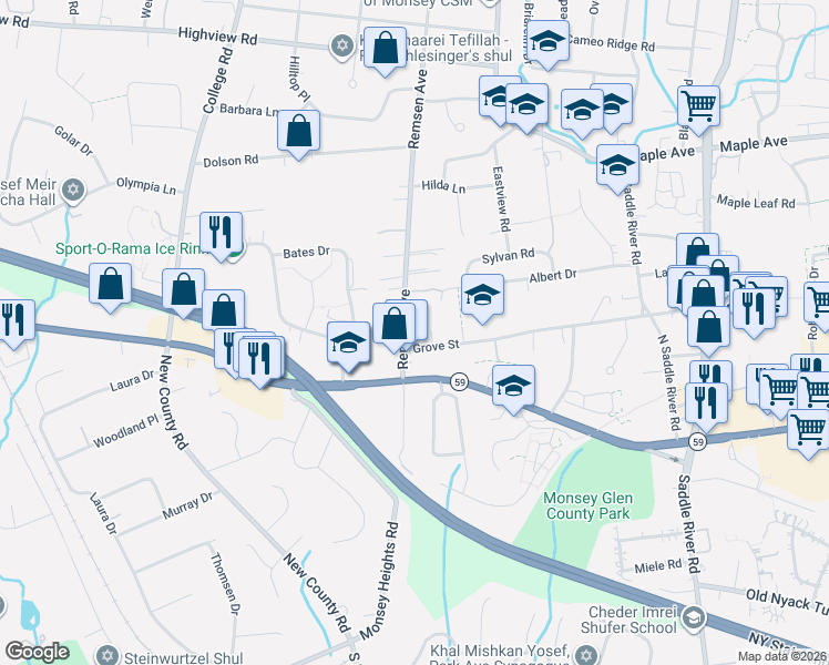 map of restaurants, bars, coffee shops, grocery stores, and more near 12 Remsen Avenue in Monsey