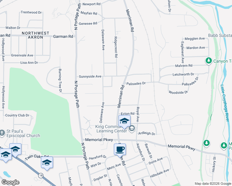 map of restaurants, bars, coffee shops, grocery stores, and more near 676 Merriman Rd in Akron