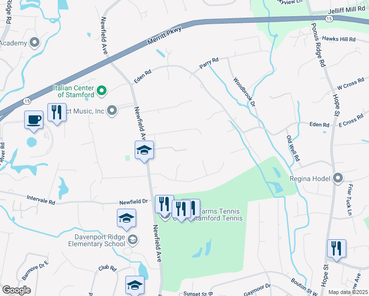 map of restaurants, bars, coffee shops, grocery stores, and more near 76 Emerald Lane in Stamford