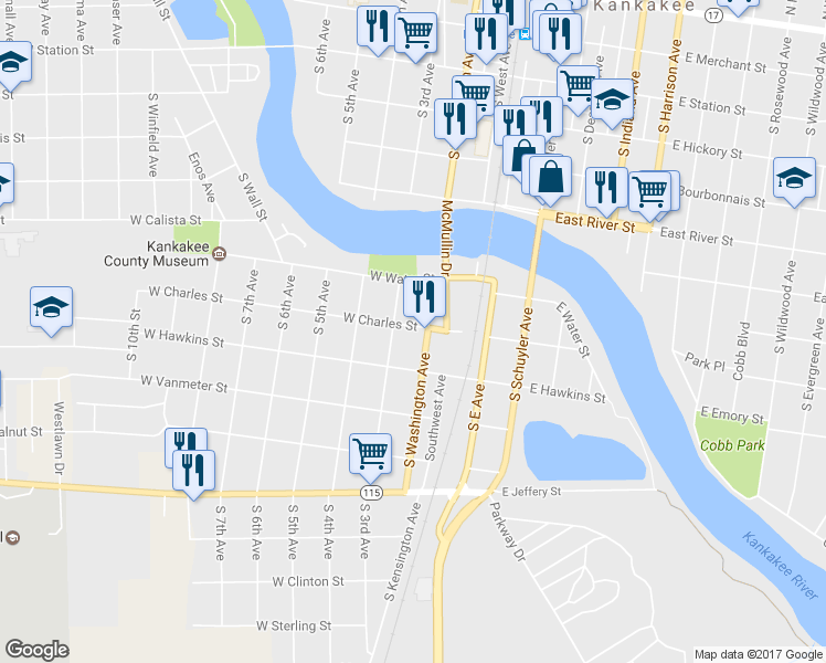 map of restaurants, bars, coffee shops, grocery stores, and more near 246 West Charles Street in Kankakee