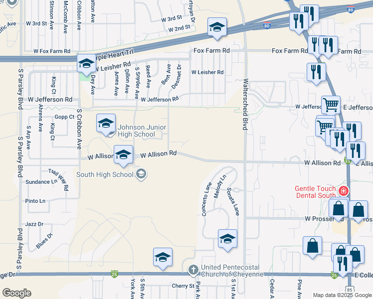 map of restaurants, bars, coffee shops, grocery stores, and more near 1005 Mandolin Way in Cheyenne