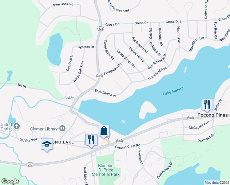 map of restaurants, bars, coffee shops, grocery stores, and more near 5141 Woodland Avenue in Pocono Pines