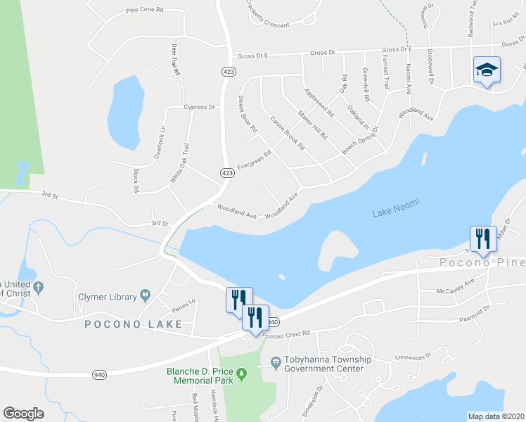 map of restaurants, bars, coffee shops, grocery stores, and more near 5149 Woodland Avenue in Pocono Pines