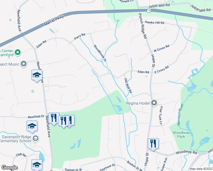 map of restaurants, bars, coffee shops, grocery stores, and more near 34 Twin Brook Drive in Stamford