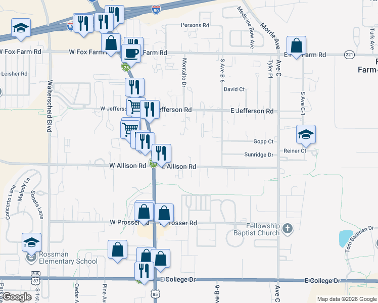 map of restaurants, bars, coffee shops, grocery stores, and more near 310 E Allison Rd in Cheyenne