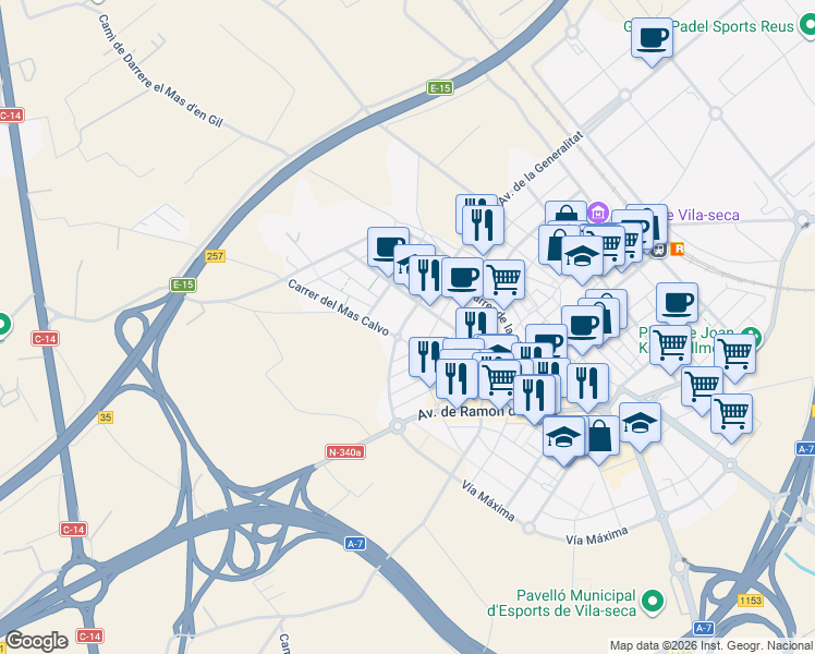 map of restaurants, bars, coffee shops, grocery stores, and more near 24 Avinguda de la Generalitat in Vila-seca