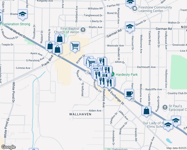 map of restaurants, bars, coffee shops, grocery stores, and more near 1732 West Market Street in Akron