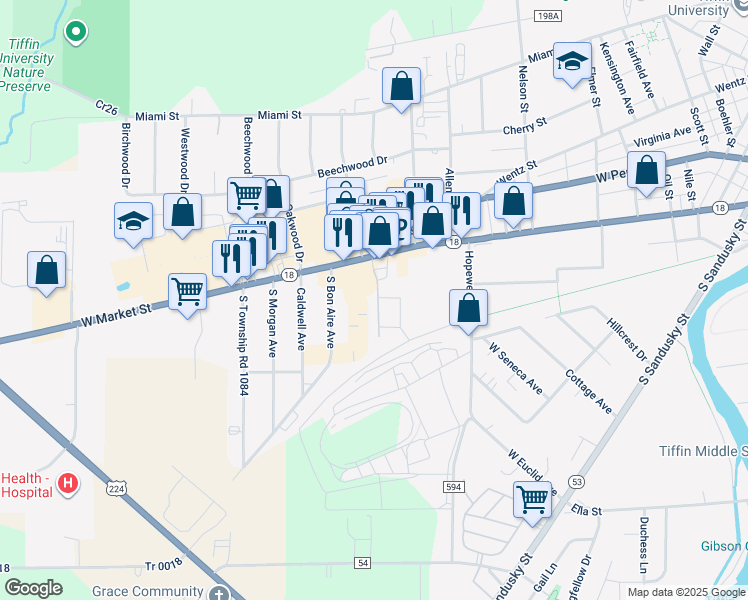 map of restaurants, bars, coffee shops, grocery stores, and more near 1692 West Market Street in Tiffin
