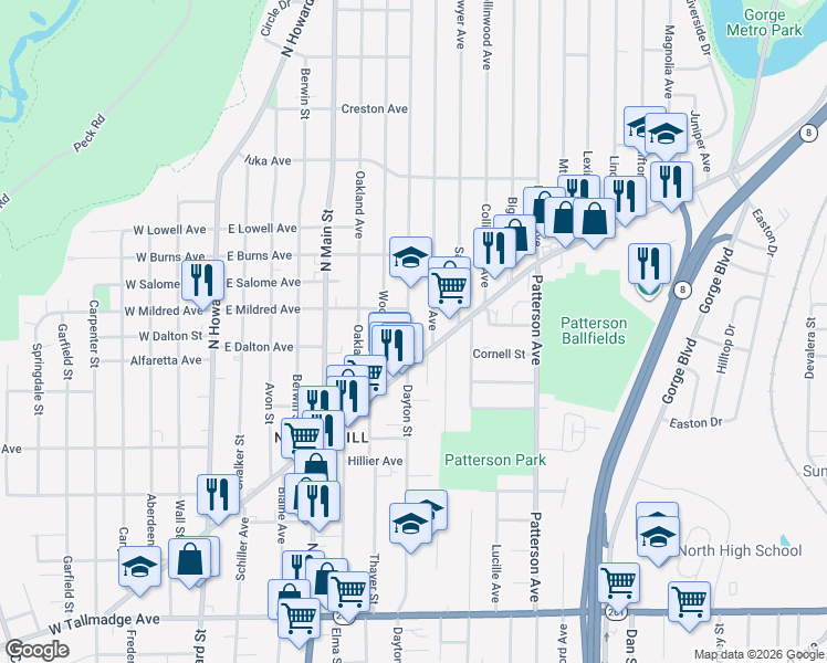 map of restaurants, bars, coffee shops, grocery stores, and more near 917 Dayton Street in Akron