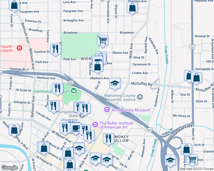 map of restaurants, bars, coffee shops, grocery stores, and more near 758 Bryson Street in Youngstown