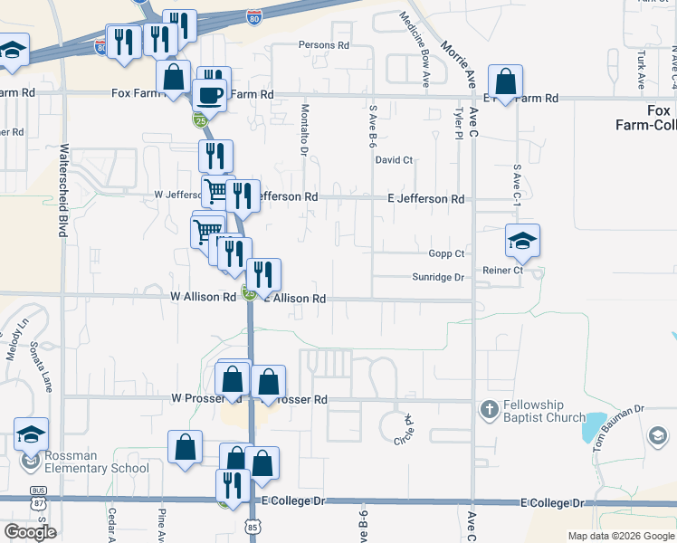 map of restaurants, bars, coffee shops, grocery stores, and more near 801 Mitchell Court in Cheyenne