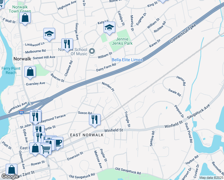 map of restaurants, bars, coffee shops, grocery stores, and more near 18 Roxbury Road in Norwalk