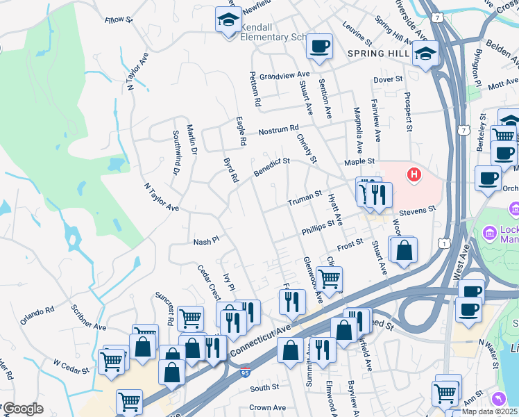 map of restaurants, bars, coffee shops, grocery stores, and more near 68 Ferris Avenue in Norwalk