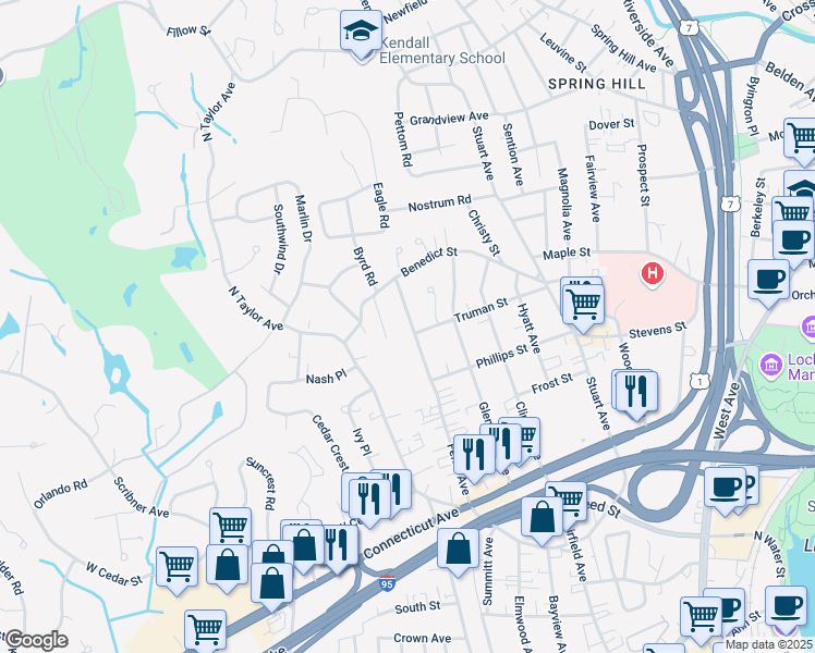map of restaurants, bars, coffee shops, grocery stores, and more near 68 Ferris Avenue in Norwalk