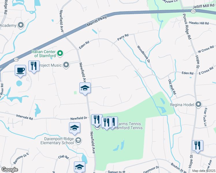 map of restaurants, bars, coffee shops, grocery stores, and more near 76 Emerald Lane in Stamford